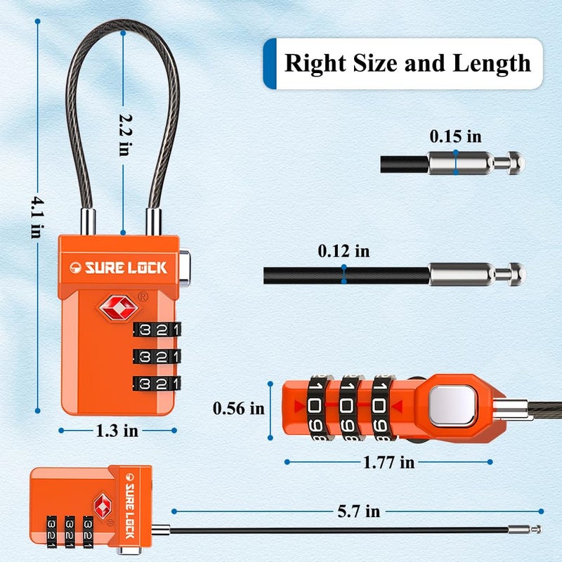 SURE LOCK TSA Approved Cable Luggage Lock â€“ TSA Locks for Luggage with Visual Inspection Indicator, Resettable 3-Digit Combination, Zinc Alloy Body for Suitcases, Backpacks, Gym Lockers(Orange 4 Pack) - Image 4